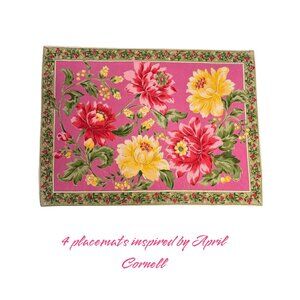 Floral Pink placemats  With Bold Flower Design & Green Border